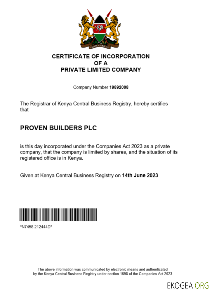 Modèle Word et PDF de certificat d'enregistrement d'entreprise au Kenya